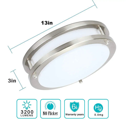 36W Dimmable LED Ceiling Light Fixture 13 Inch Flush Mount with 3200 Lumens 3000K Warm White in brushed nickel