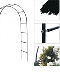 Two Form Outdoor Garden Arch Trellis Made From Sturdy Steel For Climbing Plants Great For Weddings And Yard Decor Weather Resistant No Fuss Setup Black 94 Inch Tall And 55 Inch Wide Or 96 Inch Wide To Fit Any Space, shown in parts and assembled