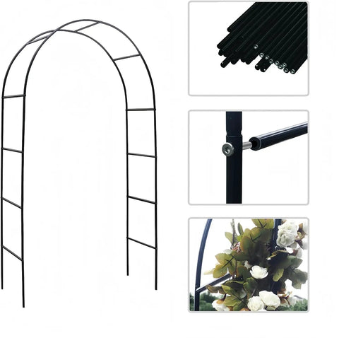 Two Form Outdoor Garden Arch Trellis Made From Sturdy Steel For Climbing Plants Great For Weddings And Yard Decor Weather Resistant No Fuss Setup Black 94 Inch Tall And 55 Inch Wide Or 96 Inch Wide To Fit Any Space, shown in parts and assembled