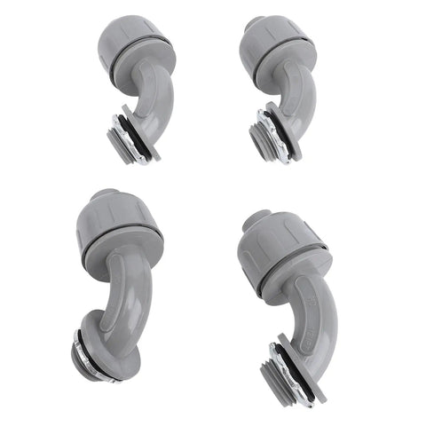 20 Pack Liquid Tight Connectors 1/2 Inch NPT Nylon 6 angled electrical fittings for conduit installation, showing four gray connectors.