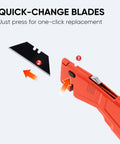 Heavy Duty Utility Knife Set Two Piece Box Cutter With Quick Open Button Lock Razor Knife For Cartons Plastic Leather and Cardboard Includes 16 Extra Blades In Red Handle shown with blade change mechanism.
