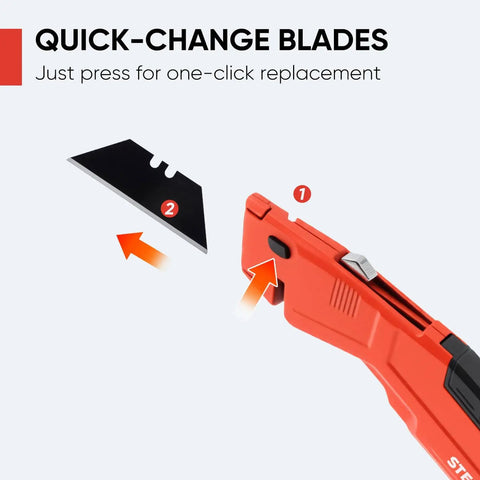 Heavy Duty Utility Knife Set Two Piece Box Cutter With Quick Open Button Lock Razor Knife For Cartons Plastic Leather and Cardboard Includes 16 Extra Blades In Red Handle shown with blade change mechanism.
