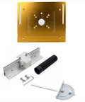 Rock Solid Aluminum Router Table Insert Plate 9.4 By 7.9 Inches with safety cover, trimming tools and accessories displayed.