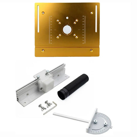 Rock Solid Aluminum Router Table Insert Plate 9.4 By 7.9 Inches with safety cover, trimming tools and accessories displayed.