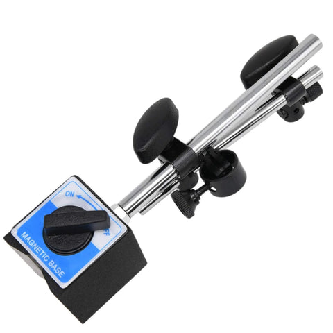 Dial indicator with magnetic base and adjustable long arm; chrome rods, blue base label.