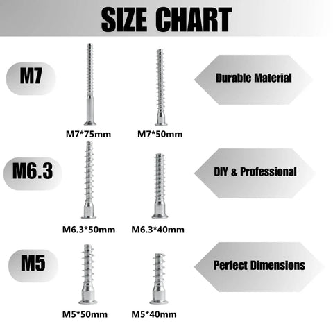 Size chart including Confirmat Screws M6.3 x 50mm 10 Pack Hex Socket Countersunk Self Tapping Wood Fasteners Carbon Steel Zinc Plated