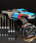 7 Piece Titanium Hex Driver Set For RC Cars, Drones, And Multi Axis Helis With Allen Wrenches, shown with RC car