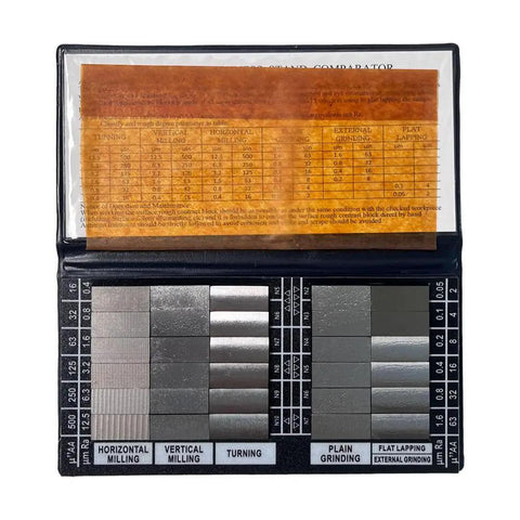 Ra0.05 to Ra12.5 Micrometer Surface Roughness Comparator Kit With 30 Specimens for Machinists and Metrology Pros - open case with metal finish blocks