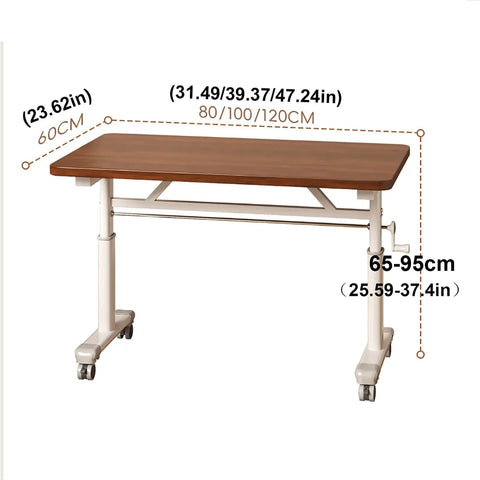 Adjustable Standing Desk With Quick Manual Height Dial, Ergonomic Home Office Workstation And Gaming Station, Slick Rolling Mobile Base For Zero Hassle Study Vibes, Light Brown Wood Finish, showing dimensions and mobile base features.