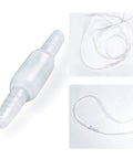 Front view of 5-pack plastic swivel oxygen tubing connectors with clear tubing coils
