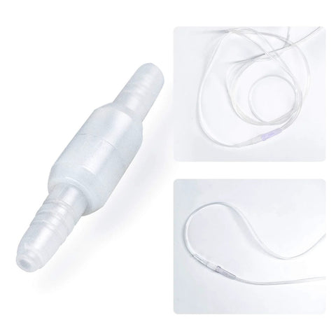 Front view of 5-pack plastic swivel oxygen tubing connectors with clear tubing coils