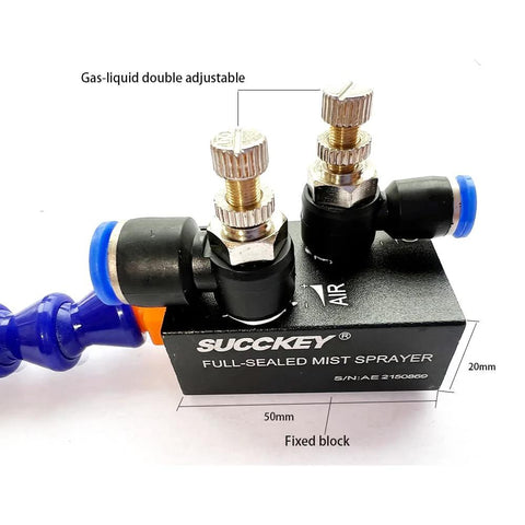 SUCKEY full-sealed mist sprayer block with two brass adjustable valves and blue hose fittings (front view).