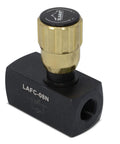 Front view of inline hydraulic flow control valve with black body and knurled brass adjustment knob; 1/2 in NPT ports.