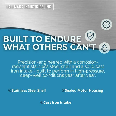 Deep Well Submersible Pump With Half HP 230 Volt 60 Hz 25 GPM Capacity, 150 Foot Head, Stainless Steel Construction, 4 Inch Intake, Quiet Operation, Rugged Workhorse For Rural Homes And Farms durability features