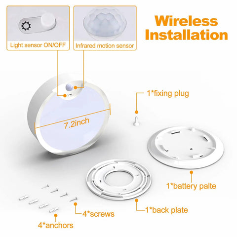 Cordless Battery Operated Motion Sensor Light Indoor 80 LED Closet Ceiling Lamp With 400LM 3200K Warm White 7.8 Inch components