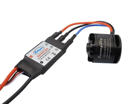 X2212 10 1250KV Brushless Motor With SimonK 30A ESC Bundle for quadcopters, including F450 and F550 multicopters, shown connected.