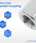Close-up of Stainless Steel 316 Pipe Fitting One Eighth Inch Female NPT Coupling For Water And Boat Lines, max 1500PSI pressure