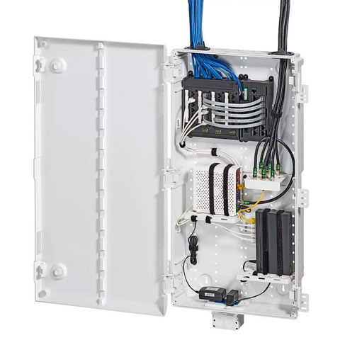Plastic Universal Shelf Bracket For Structured Media Center Comes With Saddle Ties And Velcro Straps For Super Easy One Piece Install Supports Up To Twenty Pounds Perfect For Holding Gear And Managing Cables In Your Home Setup visible in open media box.