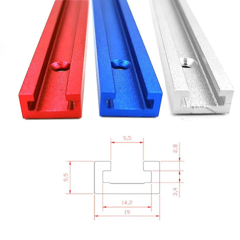 Knockout Aluminum T Track Kit For Woodworking Dead On Precise T Slot Slide Rails Built Tough With Table Saw Fence Guide And Router Jig Fixture Setup showing red, blue, and silver rail sections.