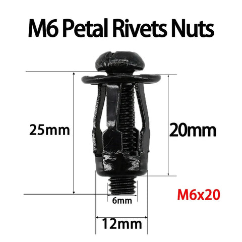 M6 petal rivet nut dimensions, 25mm height, 20mm width, black carbon steel, part of Petal Rivet Nut Kit M4 M5 M6 M8 For Thin Sheet Metal And Hollow Panels, Carbon Steel Nut Plates With Expanding Sleeve, Flat Head Black Rivnuts, Easy Install With Basic Hand Tools
