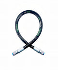 Front view of Haichy hydraulic hose swivel assembly, 1/2 in JIC x JIC, 36 in, black hose with silver fittings.