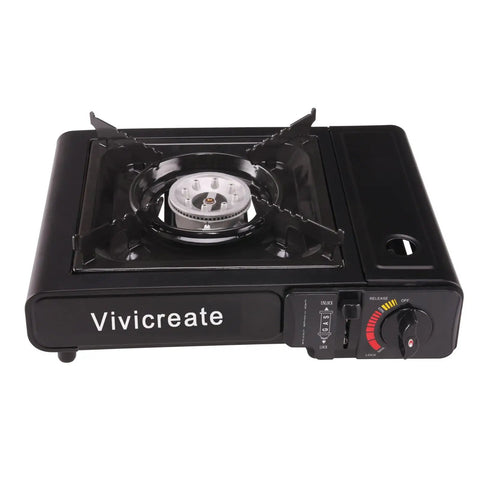 8500 BTU Portable Butane Stove With Auto Ignition For Camping, black lightweight gas burner with safety lock and controls