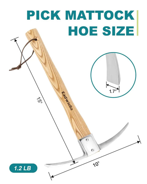 2 In 1 Garden Axe And Hoe Tool With Hardwood Handle 15 Inch Steel Head shown with dimensions and steel head close-up