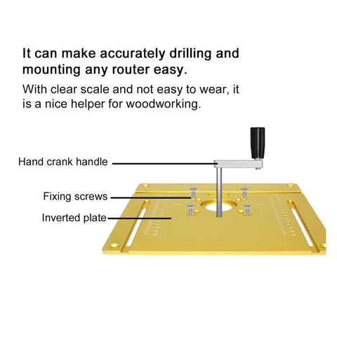 Slick Aluminum Router Table Insert Plate With Precision Center Bushing For Rock Solid Wood Milling And Trimming Heavy Duty Flip Mount Board Fits Like A Glove Standard Router Base Makes Work Easy Set Of Four with hand crank.