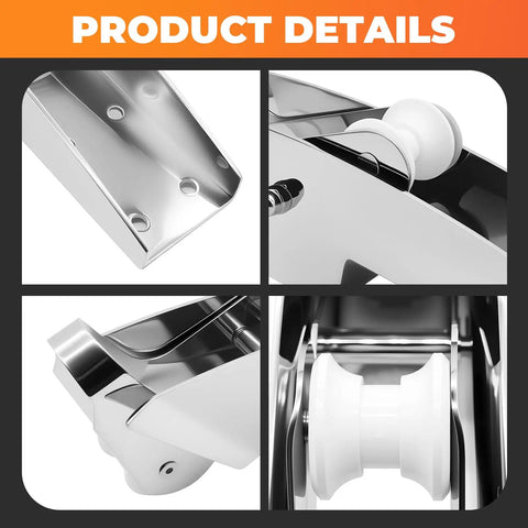 Close-up of 316 Stainless Steel Bow Anchor Roller for Boats Pivoting Marine Hardware with Polished Finish, detailed view.