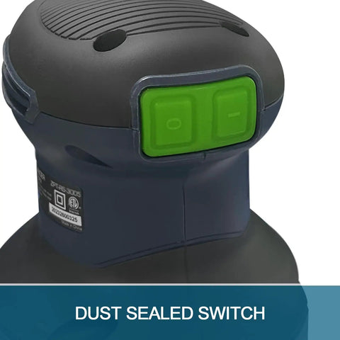 Close-up of Beast Of A 5 Inch Corded Random Orbital Sander with dust sealed switch and soft grip handle