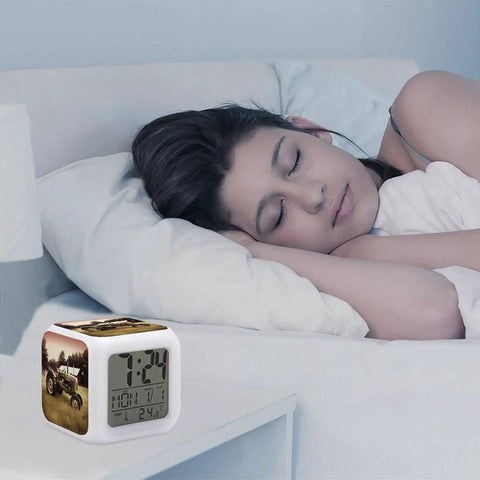 Vintage Tractor Photo Farm Alarm Clock With LED Display on bedside, seven color night light for bedroom next to sleeping woman