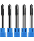 Five Pack One Quarter Inch Solid Carbide End Mills With AlTiN Coating, Four Flute Chamfer End Mills For Steel, visible with blue caps.