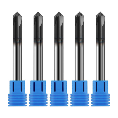 Five Pack One Quarter Inch Solid Carbide End Mills With AlTiN Coating, Four Flute Chamfer End Mills For Steel, visible with blue caps.