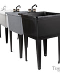 Heavy Duty Plastic Laundry Tub Featuring A Spacious 21 Gallon Basin With Sturdy Adjustable Freestanding Frame And Sleek Two Handle Faucet For Quick Household Cleanups No Sweat in white, gray, and black.