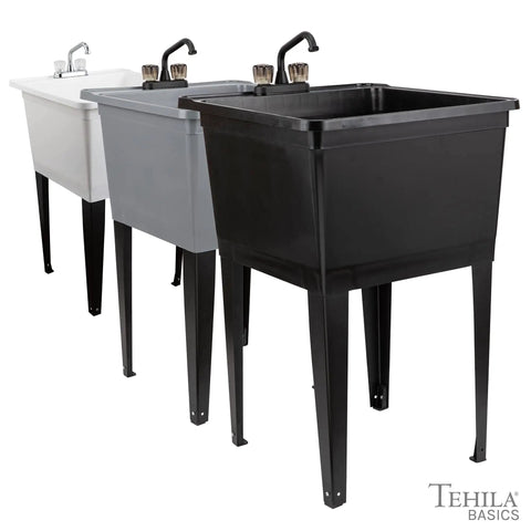 Heavy Duty Plastic Laundry Tub Featuring A Spacious 21 Gallon Basin With Sturdy Adjustable Freestanding Frame And Sleek Two Handle Faucet For Quick Household Cleanups No Sweat in white, gray, and black.