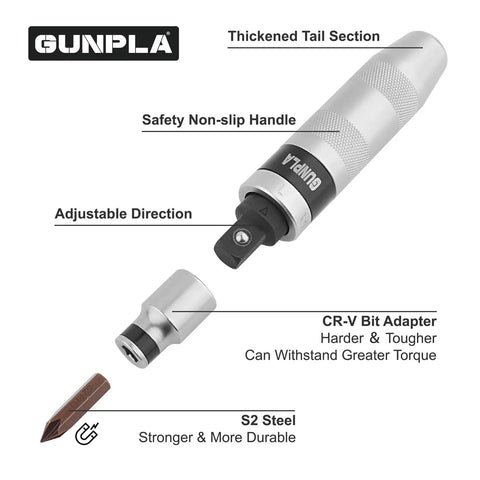 Industrial-Grade 14-Piece Impact Screwdriver Set With 40CR Alloy Steel Bits, Manual Impact Driver, and hex bit adapter close-up.