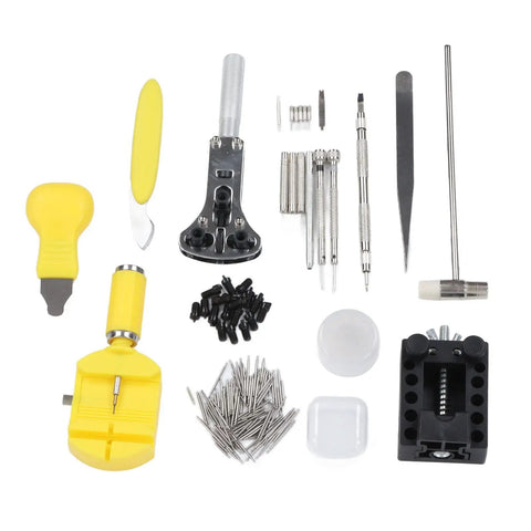 147-Piece Watch Maintenance Kit For DIY Repairs with various tools, including spring bar remover, case opener, screwdrivers.