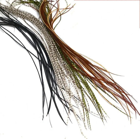 Ten Pack Hand Selected Whiting Bronze Rooster Saddle Fly Tying Feathers in five colors, 20 to 30 cm, for trout fishing hook size 18 to 20