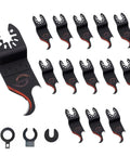 14 Piece Hook Knife Blade Set For Oscillating Tools Cutting Roofing Shingles PVC Floor Carpet And Soft Materials With Dual Hook Design Universal Accessory And Storage Box Durable Heat Treated Alloy Steel Blades visible in a set with multiple black blades and connectors.