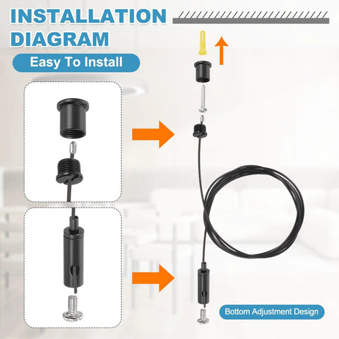 Installation diagram of Durable Ceiling Hanging Wire Cable Kit for Pendant Chandeliers and LED Panels.