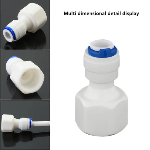Three Eighth Inch Female Thread Straight To One Quarter Inch Push In Quick Connect Fitting For RO Water Filtration Systems PE Hose OD 6.5mm Plastic Joint Bev Dispenser Five Pack shown in multiple angles, highlighting the POM plastic material and connection points.