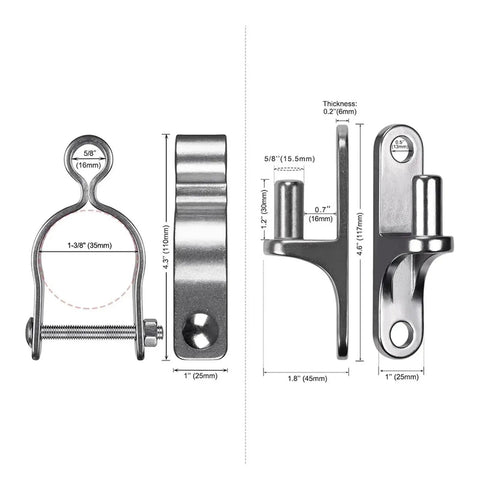 Two Pack Of Top Shelf 304 Stainless Steel Gate Hinges dimensions showing 5/8 male pin and mounts for 1-3/8 inch posts.