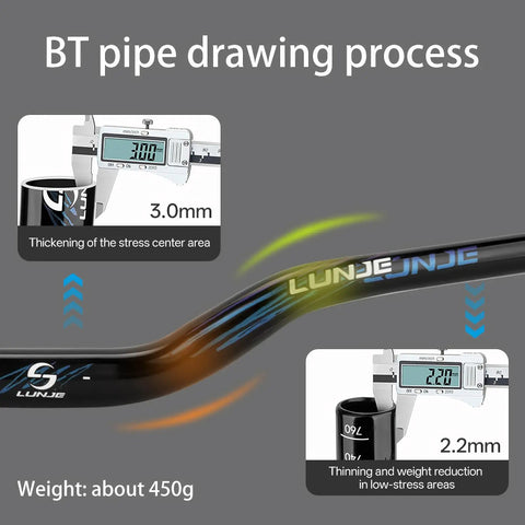 Dope Mountain Bike Handlebar 31.8mm Clamp, Hi Rise 35mm to 55mm Adjustable, 780mm Length with glow logo and BT pipe drawing
