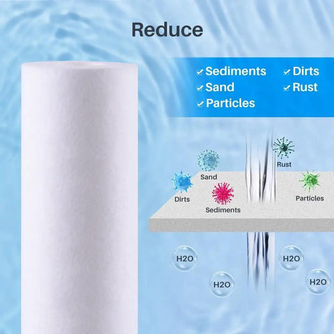 Heavy Duty 1 Micron Sediment Pre Filter Cartridge Compatible With EC110 EV9534-40 10 Inch Bowl Drop In Housing Coarse Block 8 Pack with water filtration diagram.
