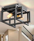 Close To Ceiling Square Black Industrial Farmhouse Light Fixture For Hallway Entryway Kitchen And Bedroom Dope Vintage Semi Flush Mount With Open Shade For Bright Dining Room Ambience, showcasing a geometric design with Edison bulbs in a room setting.