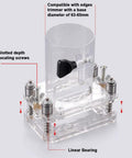 Foolproof Wood Door Grooving Positioner Featuring Flexible Door Hinge Router Template showing clear plastic housing and adjustment screws.