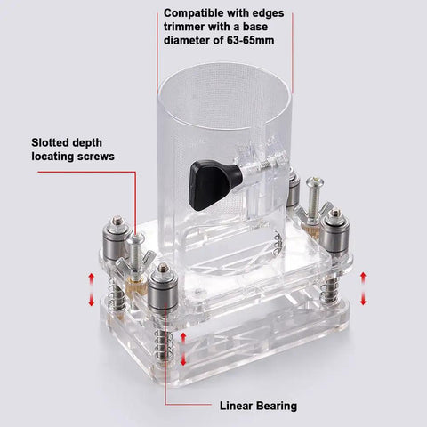 Foolproof Wood Door Grooving Positioner Featuring Flexible Door Hinge Router Template showing clear plastic housing and adjustment screws.