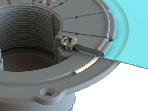 Close-up of PVC Three Piece Shower Drain Assembly 2-Inch Black With Hair Trap showing detailed threading and riser attachment.