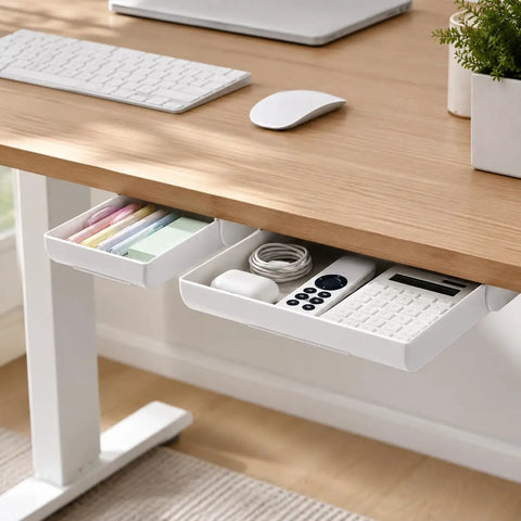 Kick Clutter To The Curb With This Slick Under Desk Drawer Organizer 2 Pack storing pens, notes, cables, and earbuds.