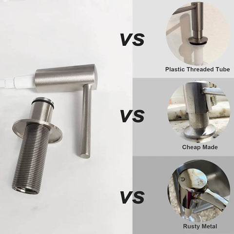 Built In Brushed Nickel Soap Dispenser For Kitchen Sink With 17 Oz PET Bottle And Brass Pump Head Deck Mounted Dish Soap Dispenser No Fuss Rust Resistant Finish Durable Solid Brass Construction Easy Refill shown with comparisons